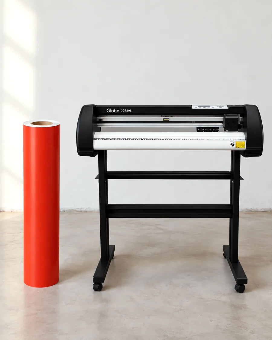 Rollo de vinilo de corte mate, parado junto al plóter de corte