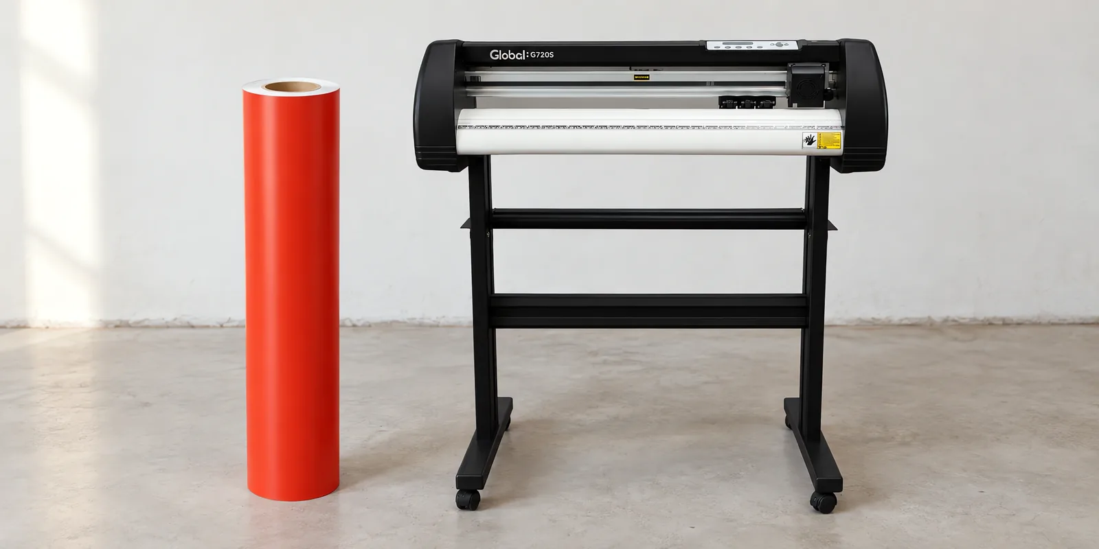 Rollo de vinilo de corte mate, parado junto al plóter de corte