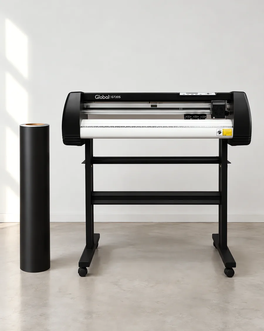 Rollo de vinilo de corte mate, parado junto al plóter de corte