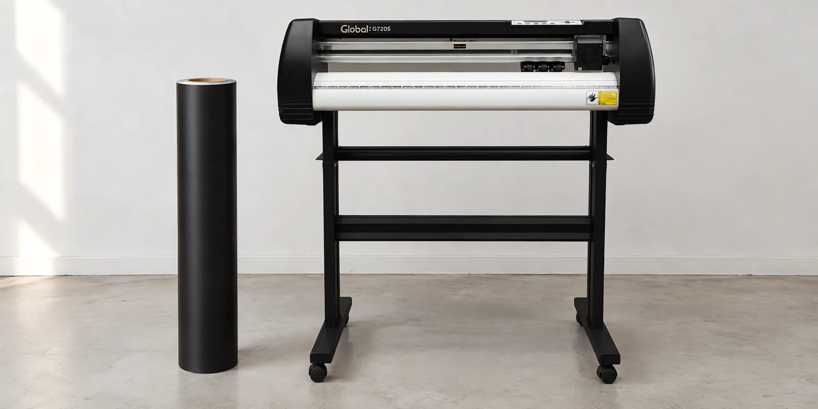 Rollo de vinilo de corte mate, parado junto al plóter de corte
