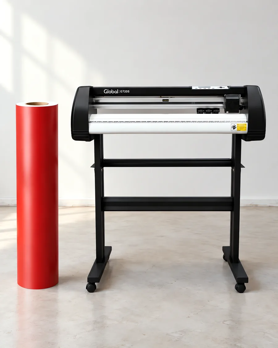 Rollo de vinilo de corte mate, parado junto al plóter de corte