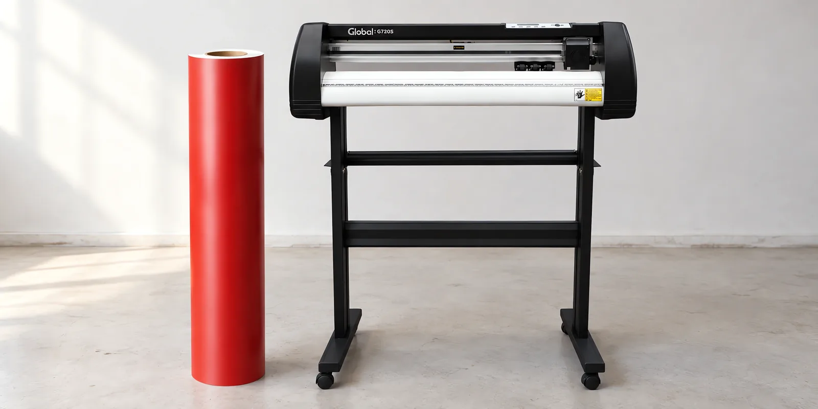 Rollo de vinilo de corte mate, parado junto al plóter de corte