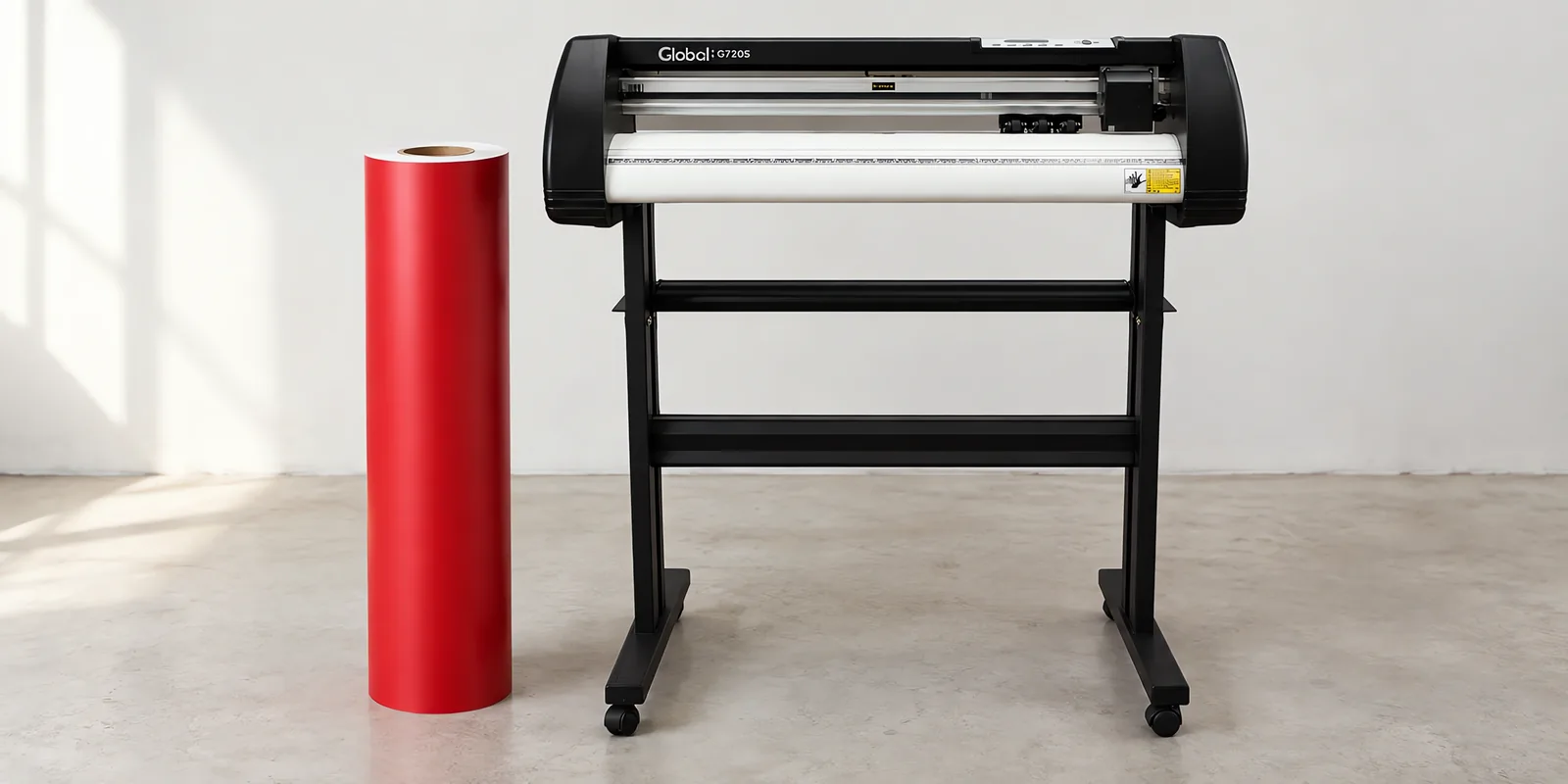 Rollo de vinilo de corte mate, parado junto al plóter de corte