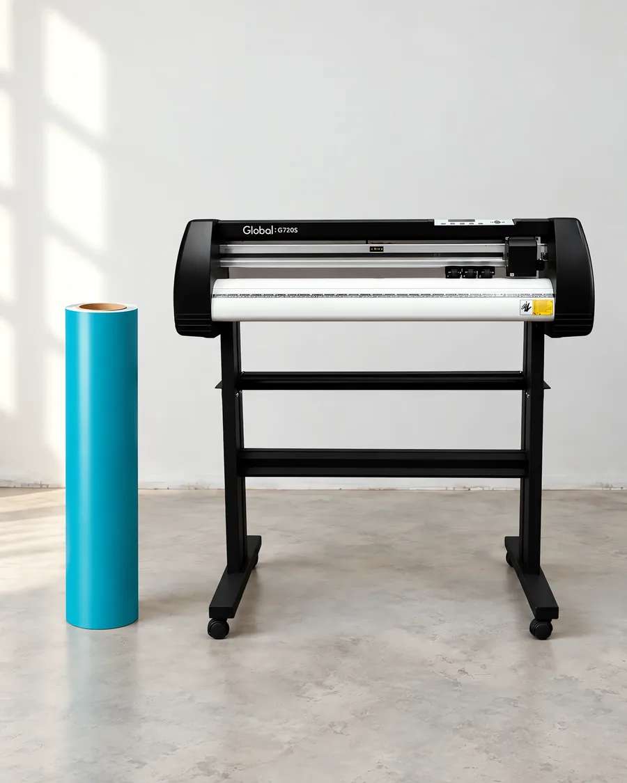 Rollo de vinilo de corte mate, parado junto al plóter de corte