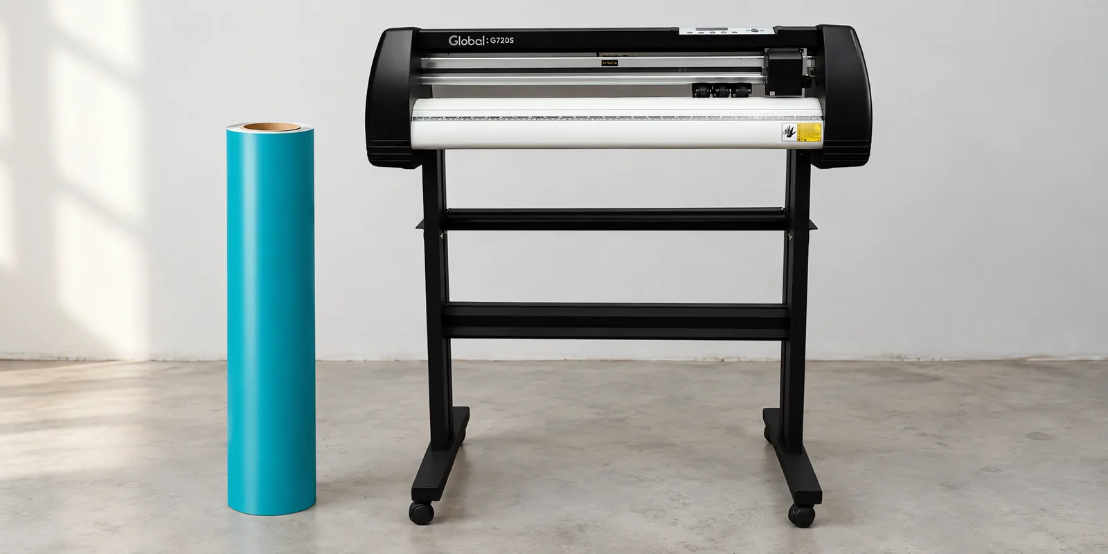 Rollo de vinilo de corte mate, parado junto al plóter de corte