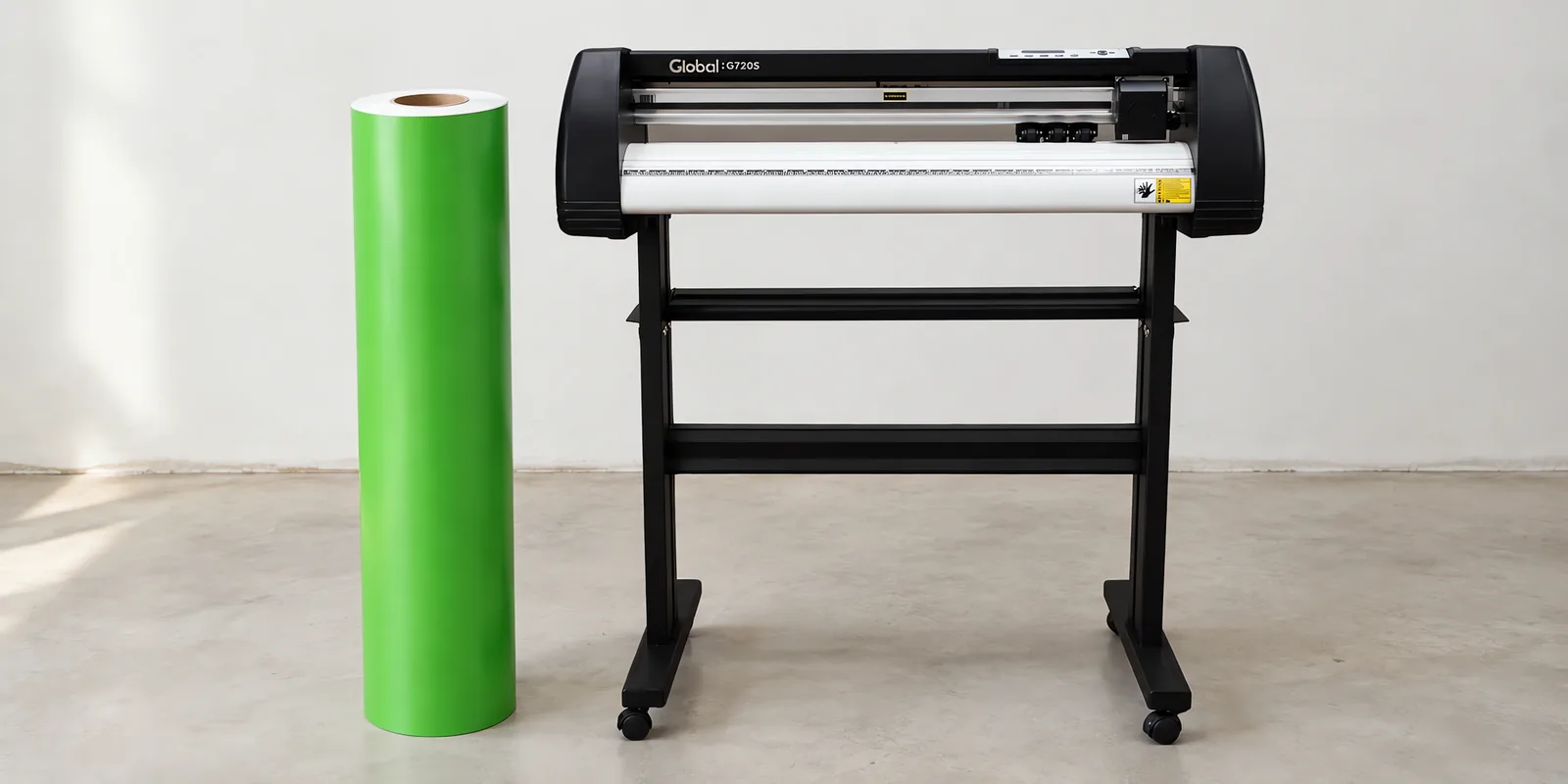 Rollo de vinilo de corte mate, parado junto al plóter de corte