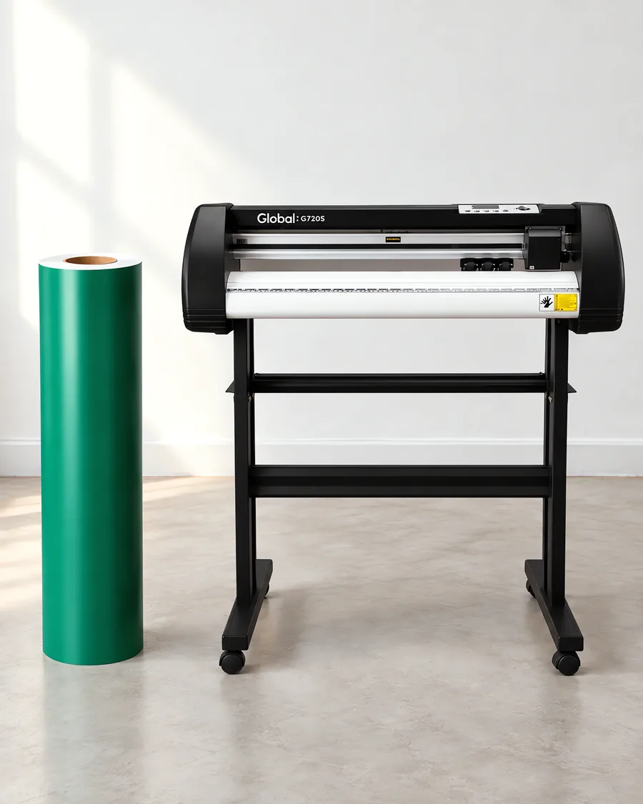 Rollo de vinilo de corte mate, parado junto al plóter de corte