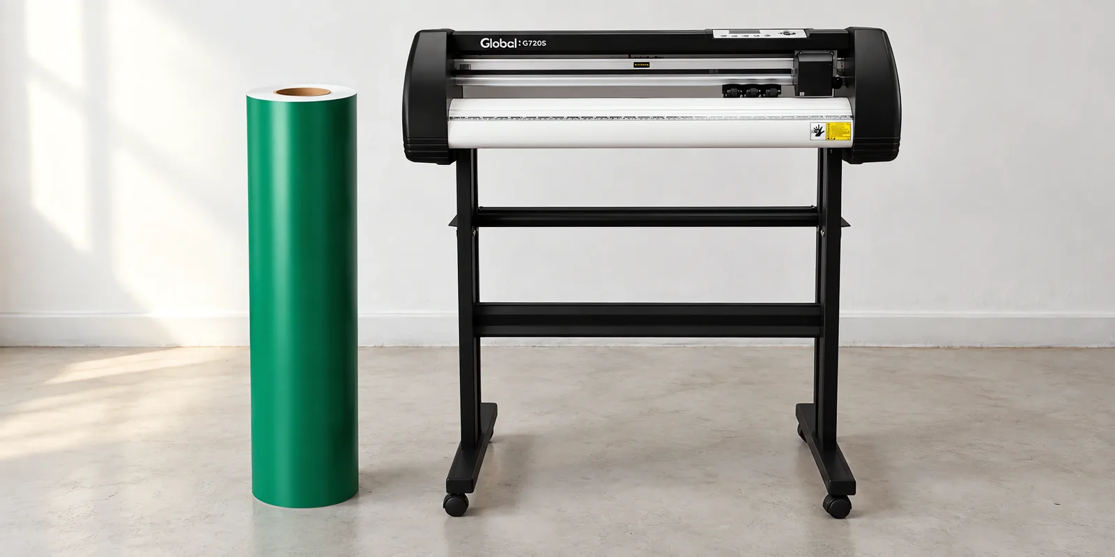 Rollo de vinilo de corte mate, parado junto al plóter de corte