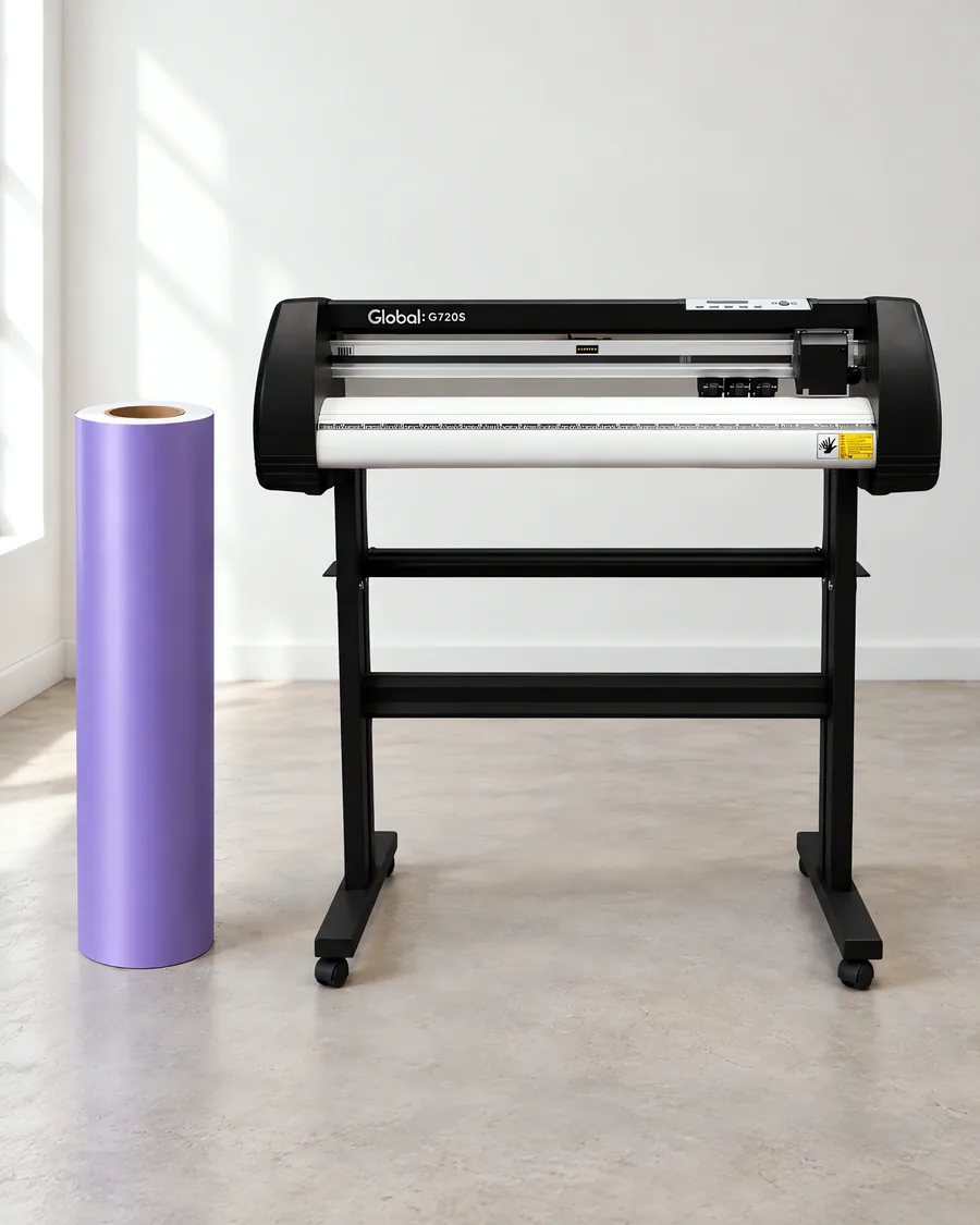 Rollo de vinilo de corte mate, parado junto al plóter de corte