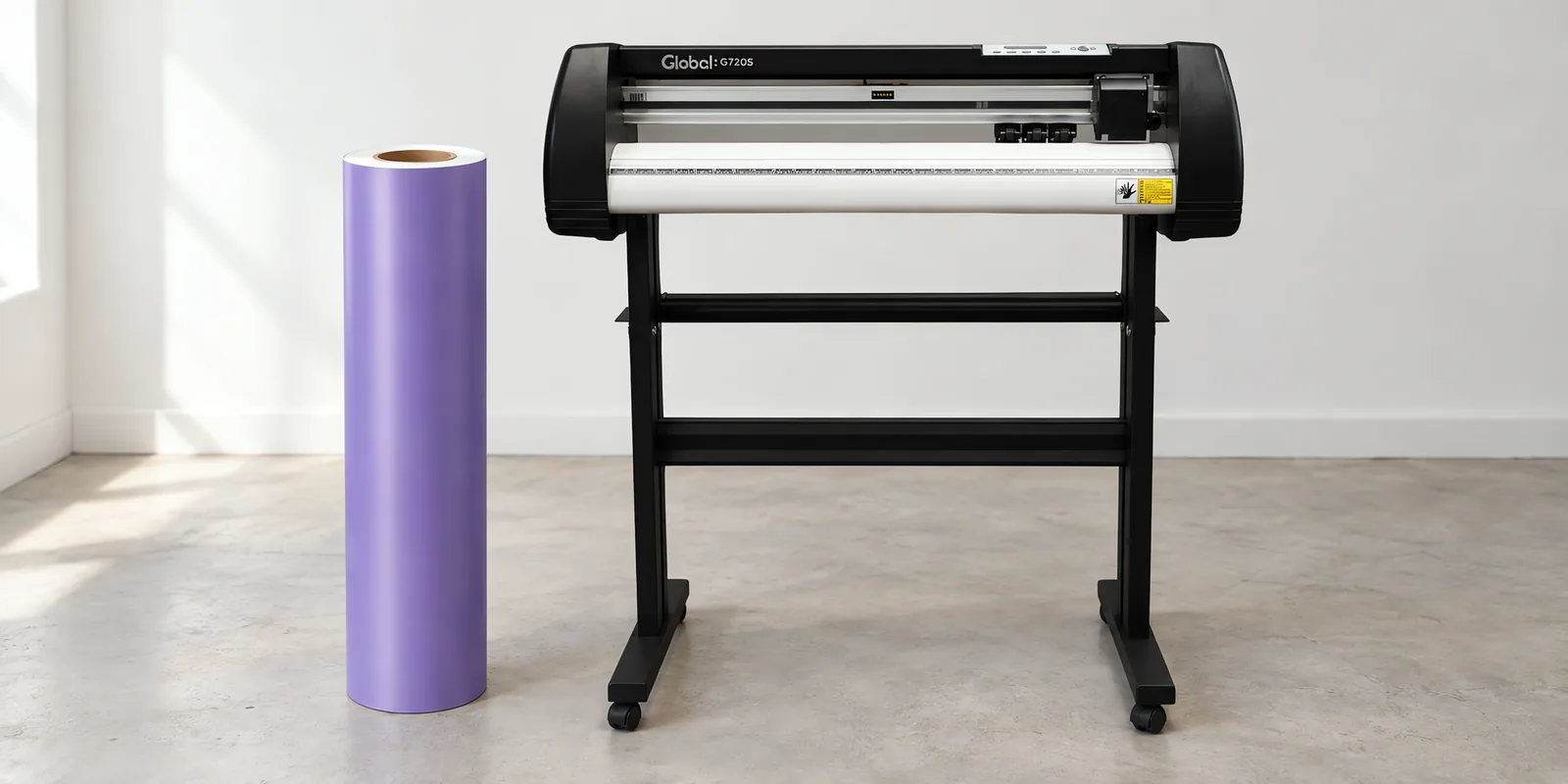 Rollo de vinilo de corte mate, parado junto al plóter de corte