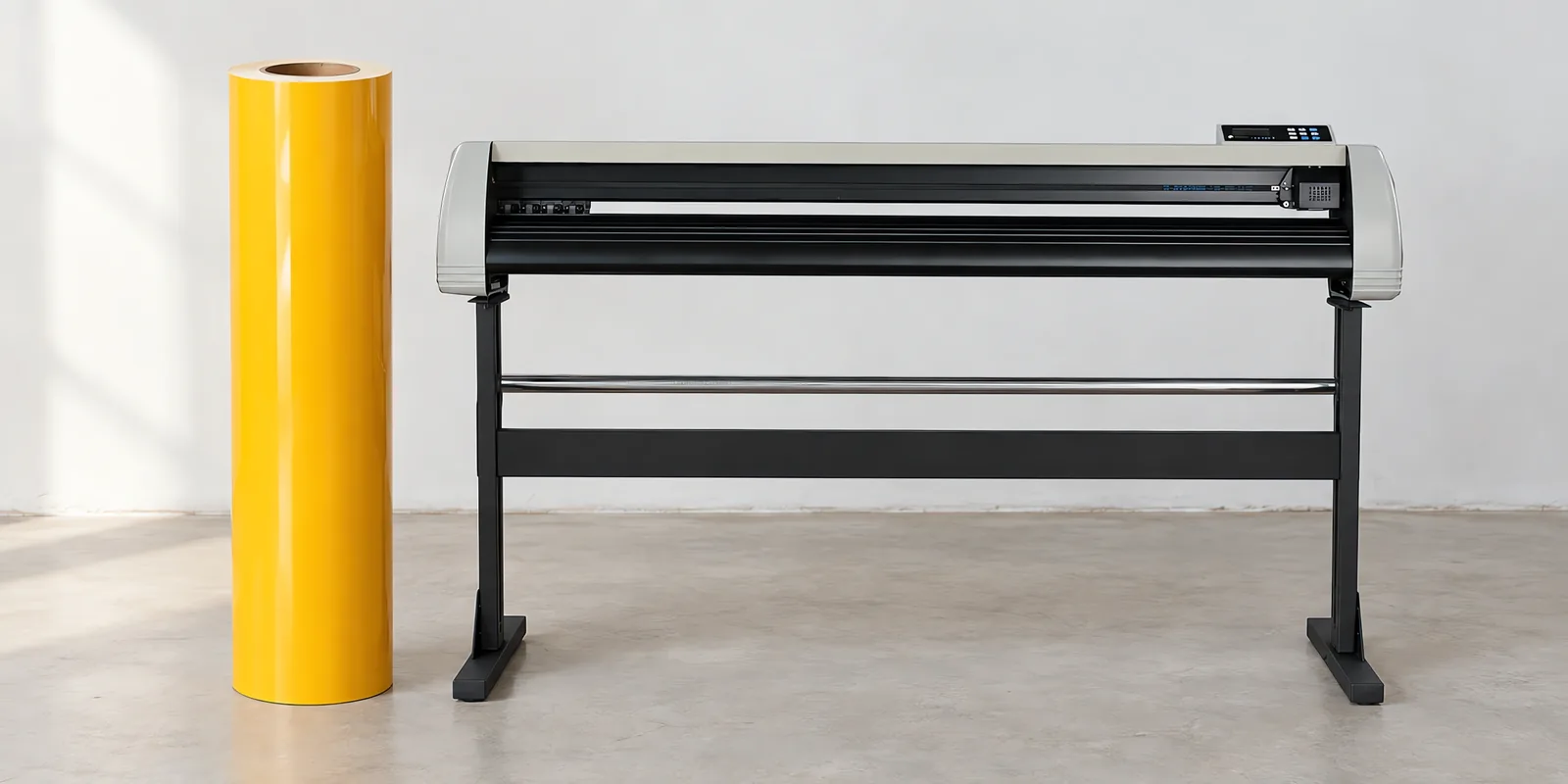 Rollo de vinilo de corte brillante, parado junto al plóter de corte