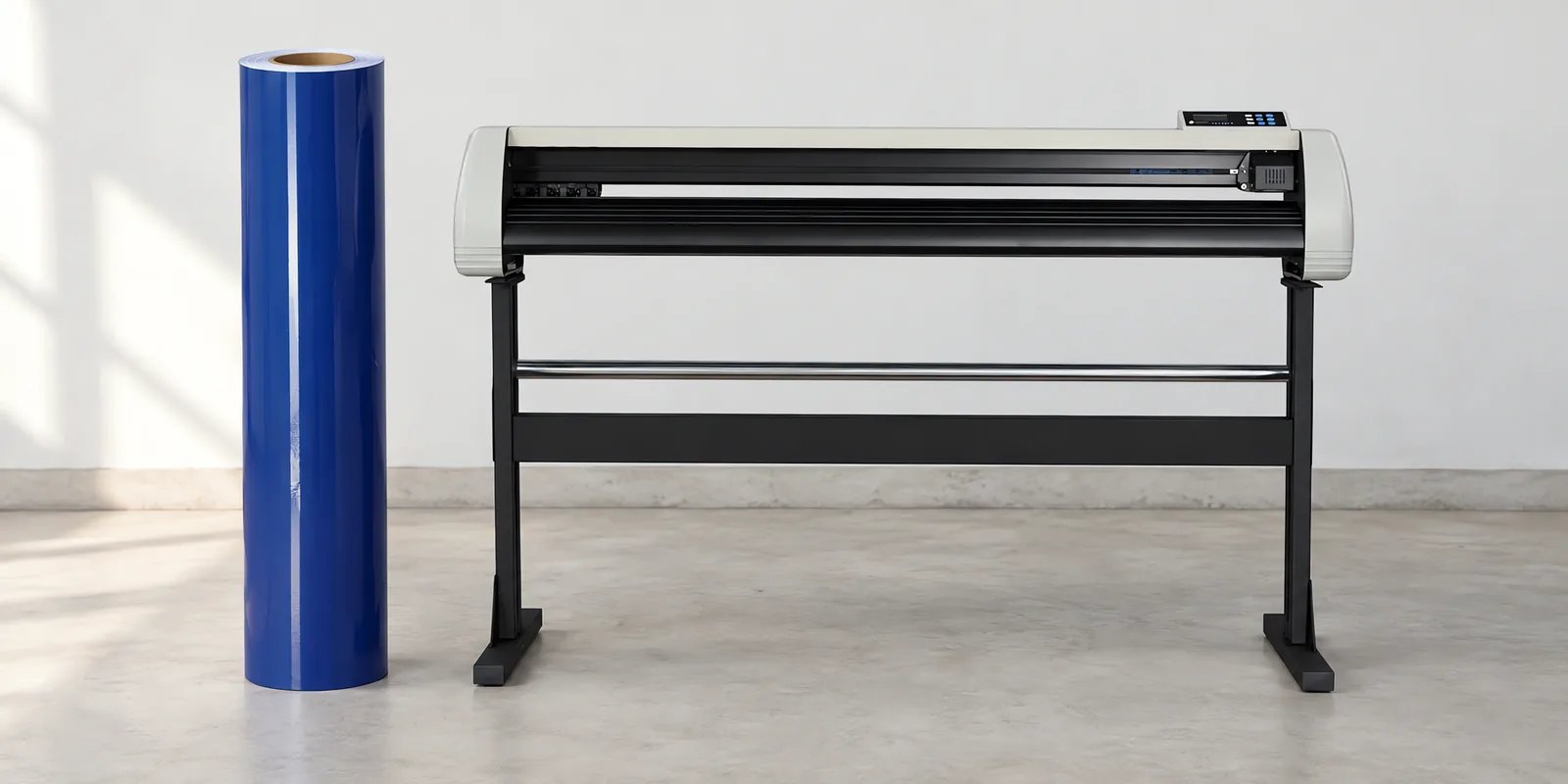 Rollo de vinilo de corte brillante, parado junto al plóter de corte