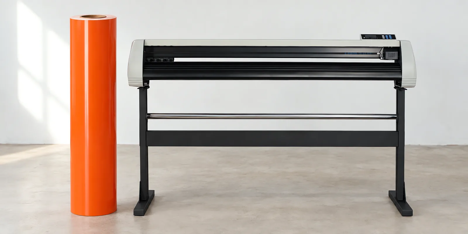 Rollo de vinilo de corte brillante, parado junto al plóter de corte
