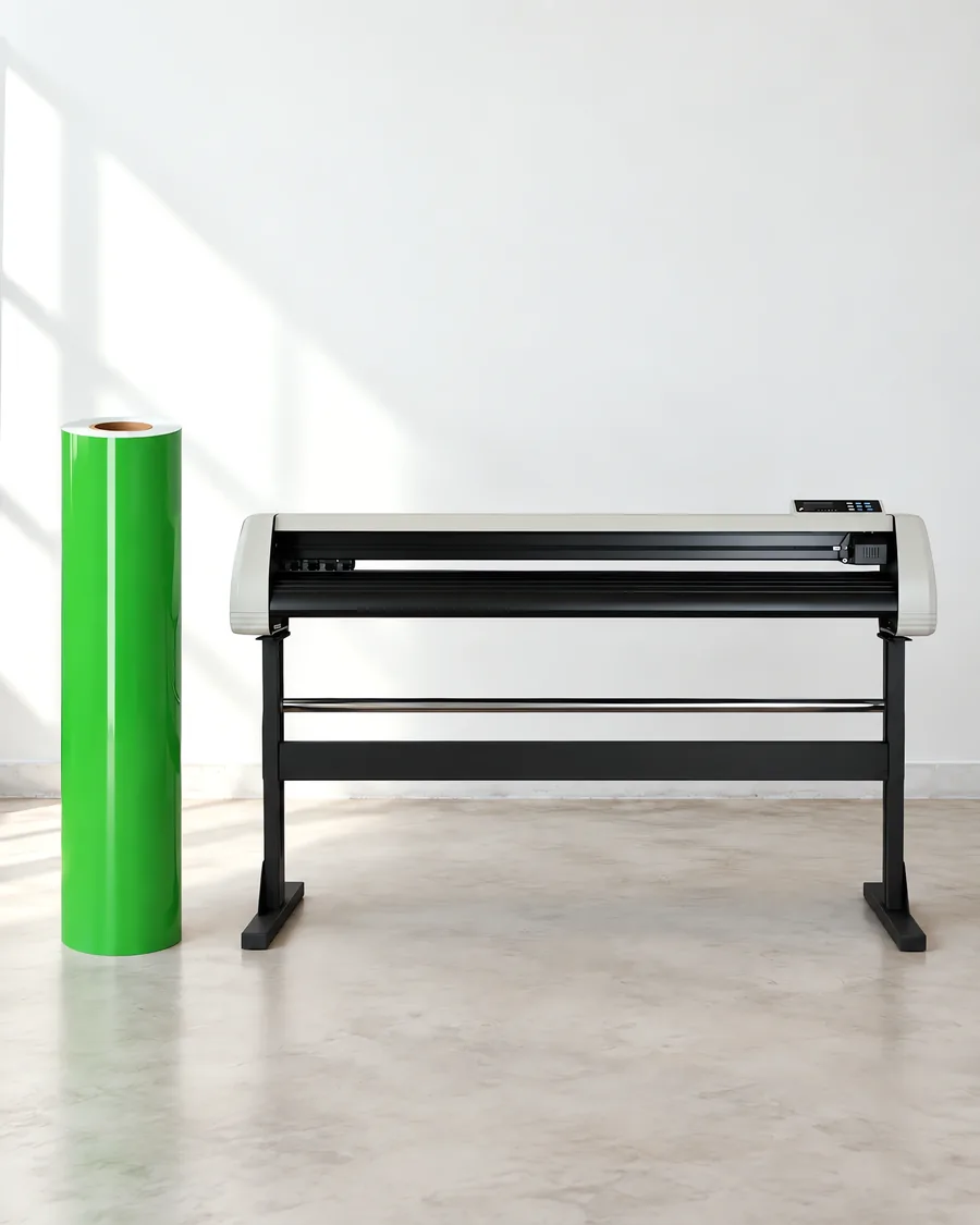 Rollo de vinilo de corte brillante, parado junto al plóter de corte