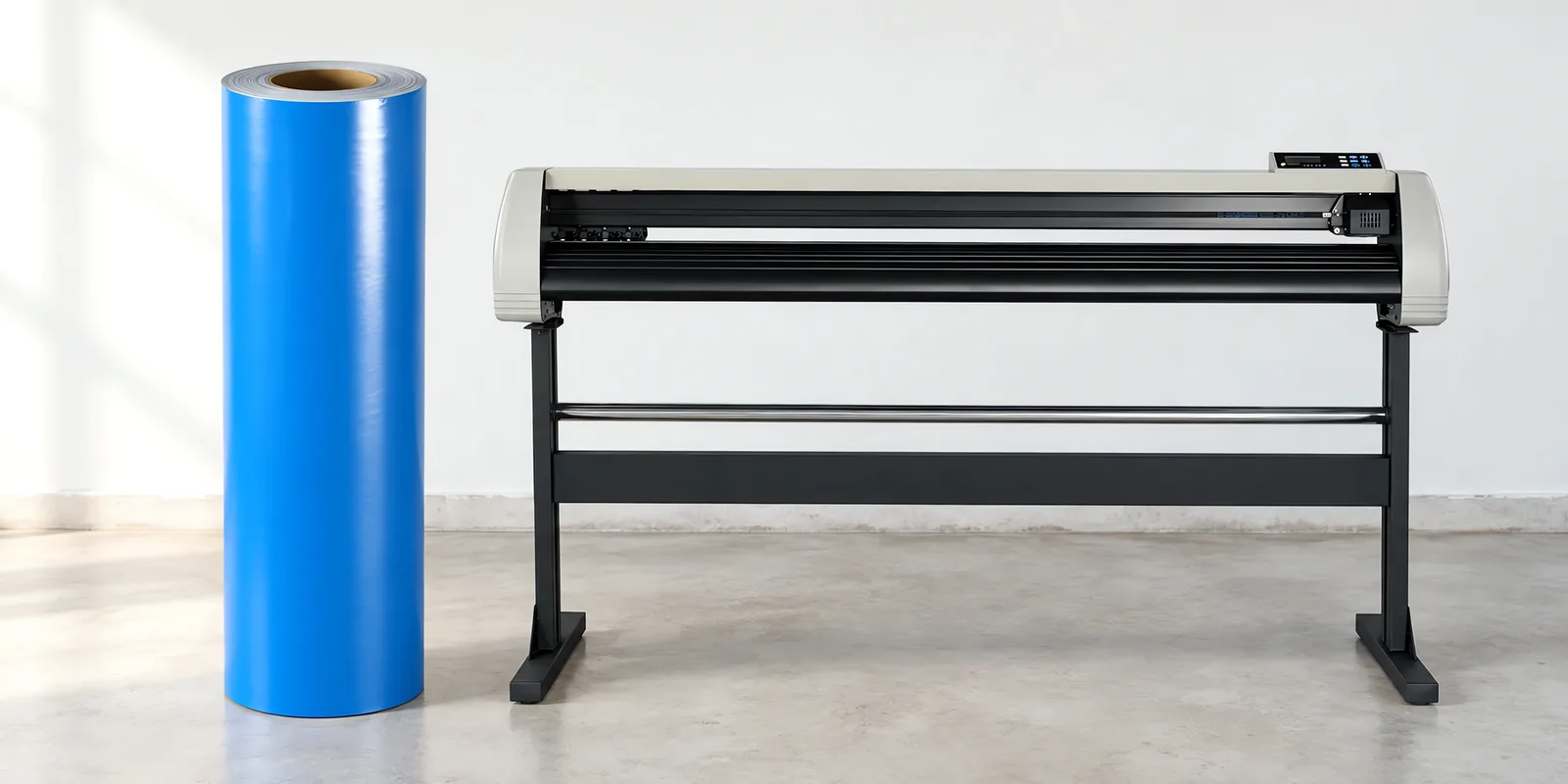 Rollo de vinilo de corte polimérico, parado junto al plóter de corte