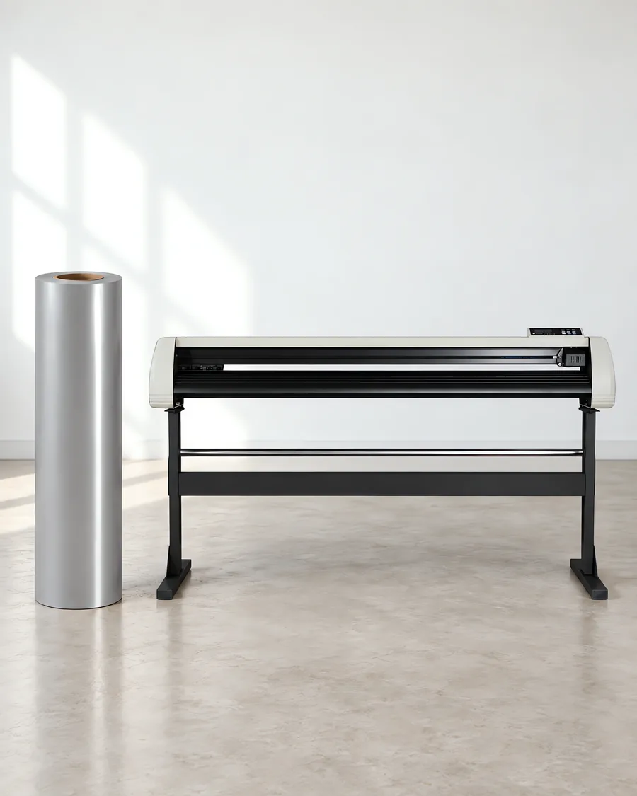 Rollo de vinilo de corte polimérico, parado junto al plóter de corte