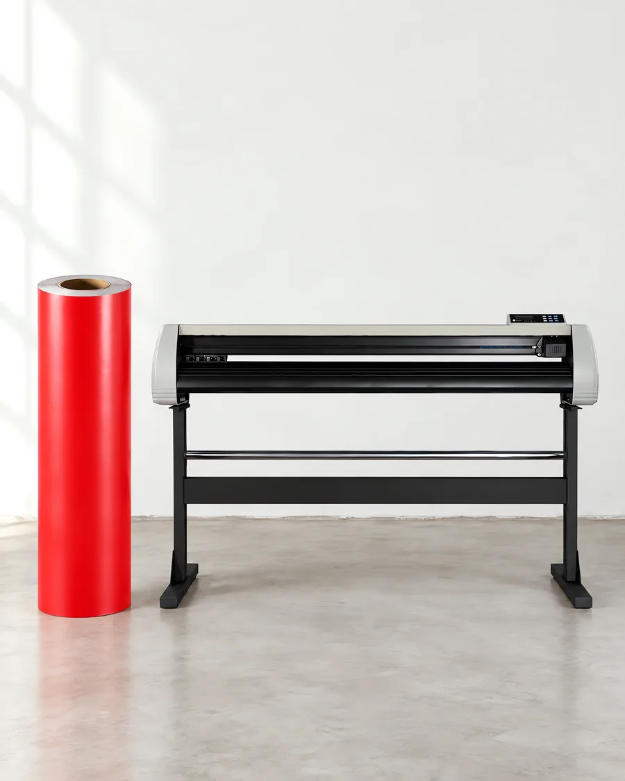 Rollo de vinilo de corte polimérico, parado junto al plóter de corte