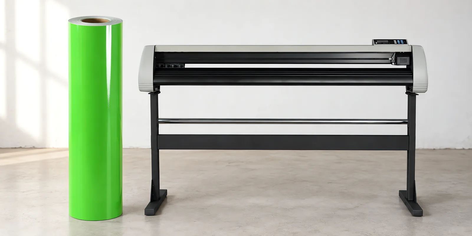 Rollo de vinilo de corte polimérico, parado junto al plóter de corte