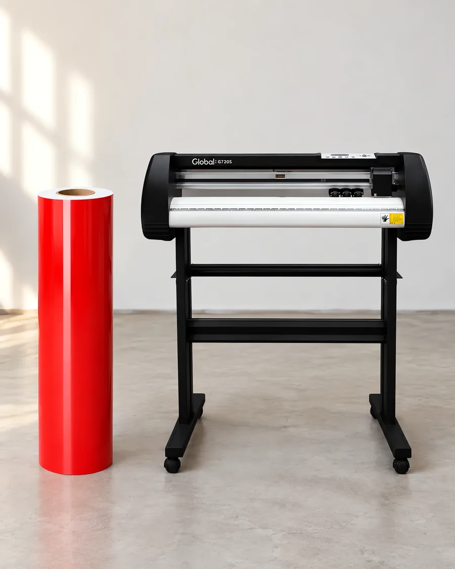 Rollo de vinilo de corte fluo, parado junto al plóter de corte