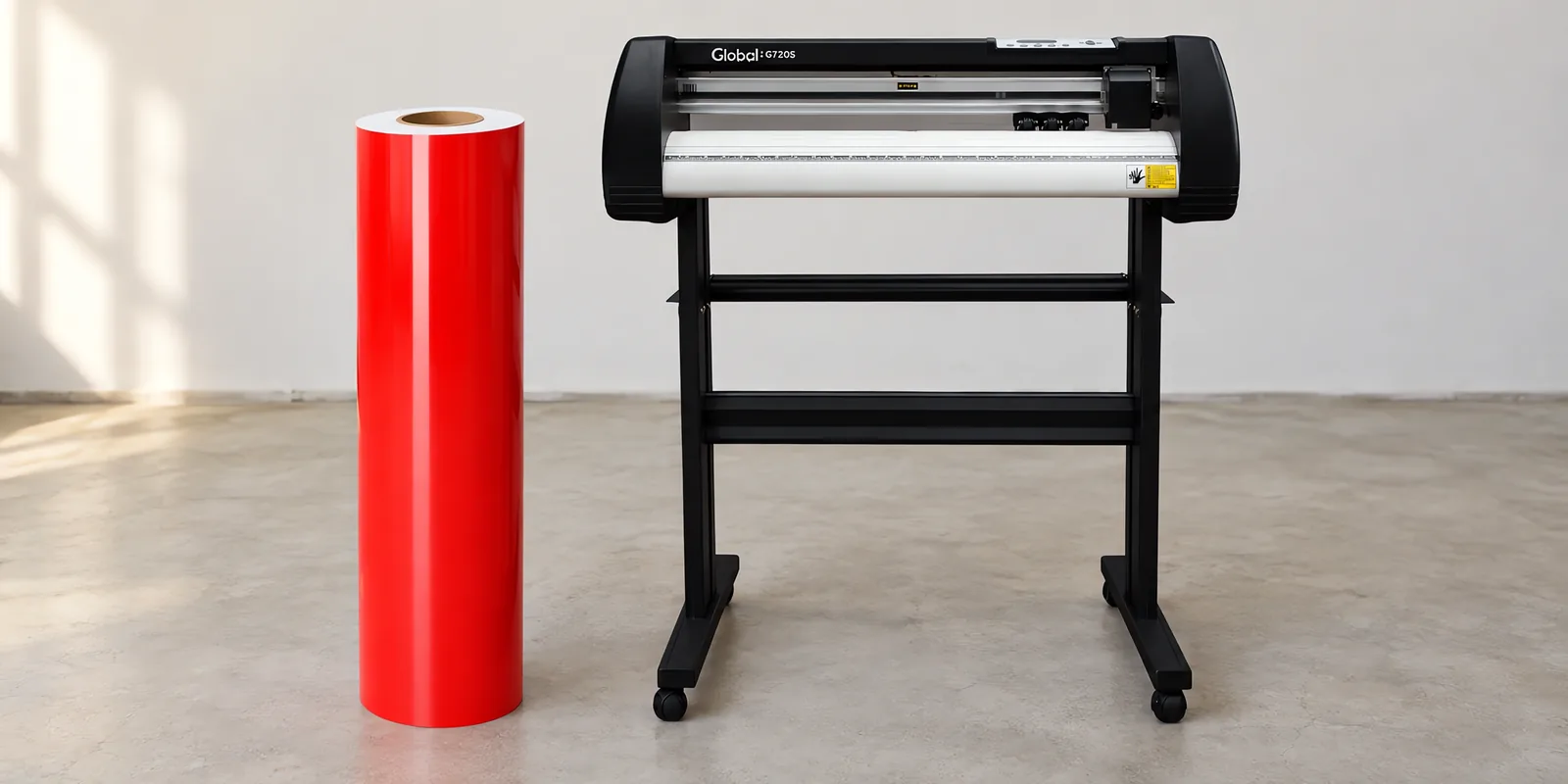 Rollo de vinilo de corte fluo, parado junto al plóter de corte