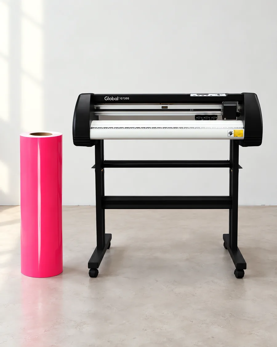 Rollo de vinilo de corte fluo, parado junto al plóter de corte
