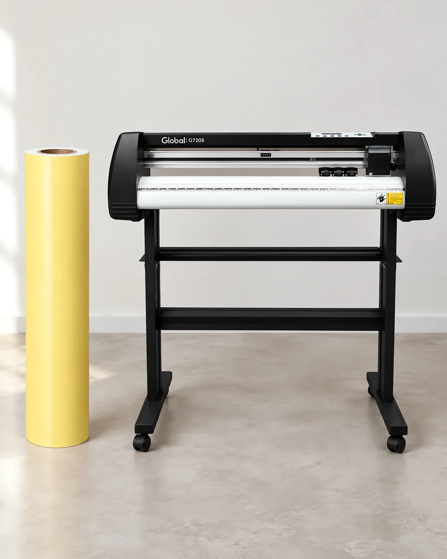 Rollo de vinilo de corte pastel, parado junto al plóter de corte