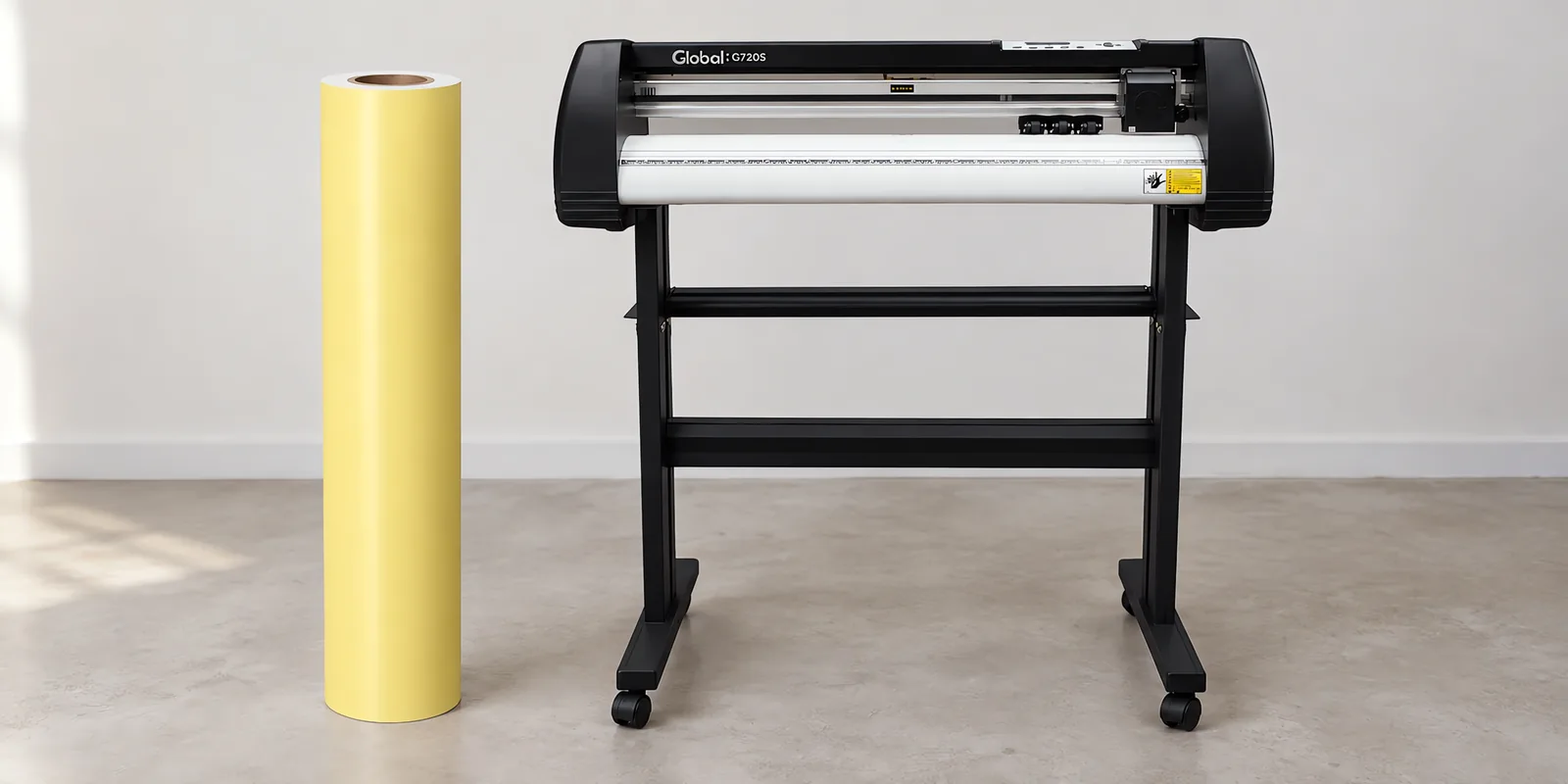 Rollo de vinilo de corte pastel, parado junto al plóter de corte
