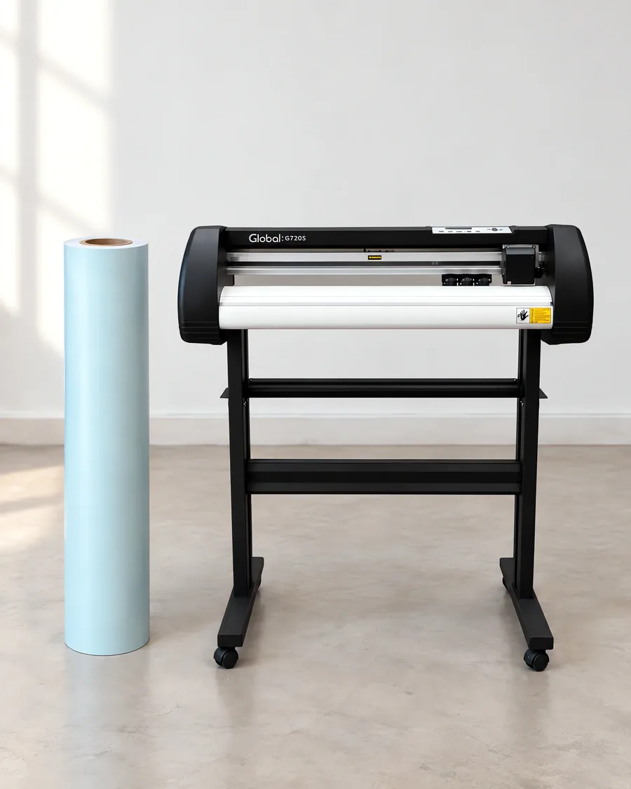 Rollo de vinilo de corte pastel, parado junto al plóter de corte