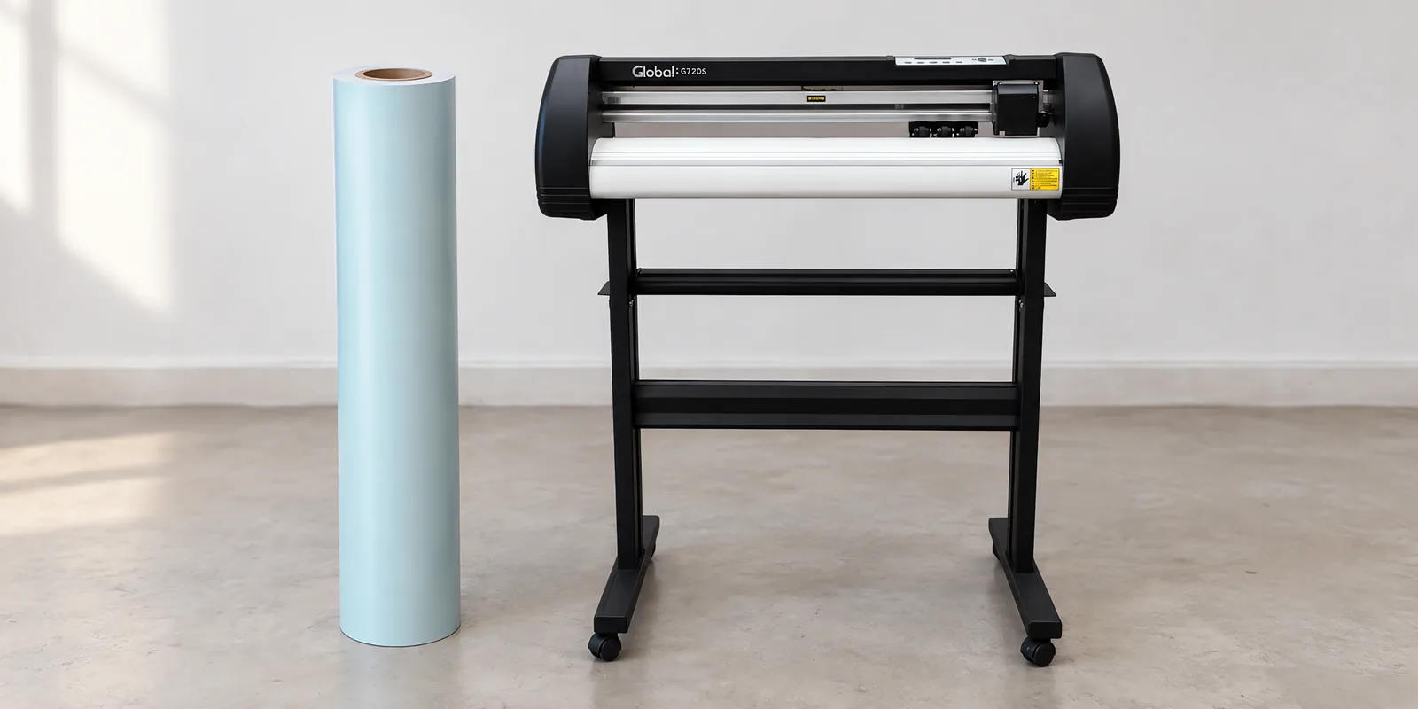 Rollo de vinilo de corte pastel, parado junto al plóter de corte