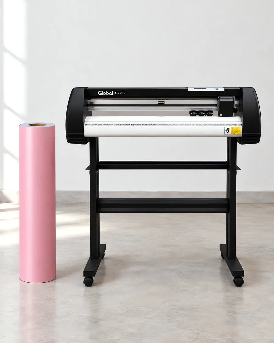 Rollo de vinilo de corte pastel, parado junto al plóter de corte