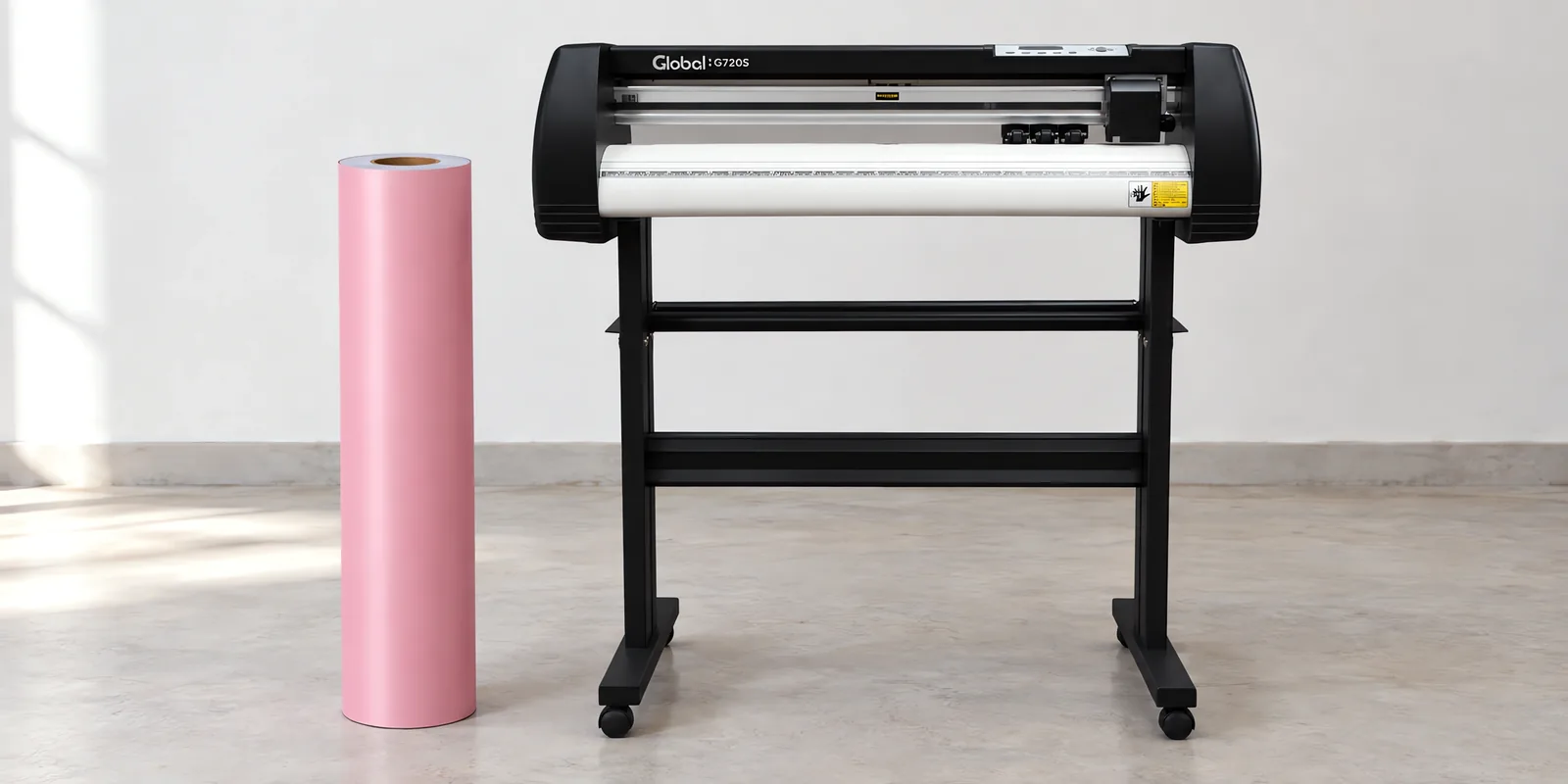 Rollo de vinilo de corte pastel, parado junto al plóter de corte