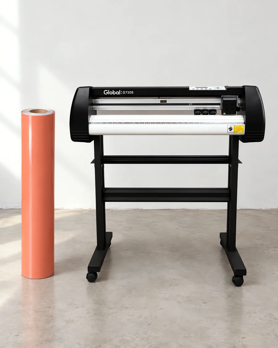 Rollo de vinilo de corte pastel, parado junto al plóter de corte