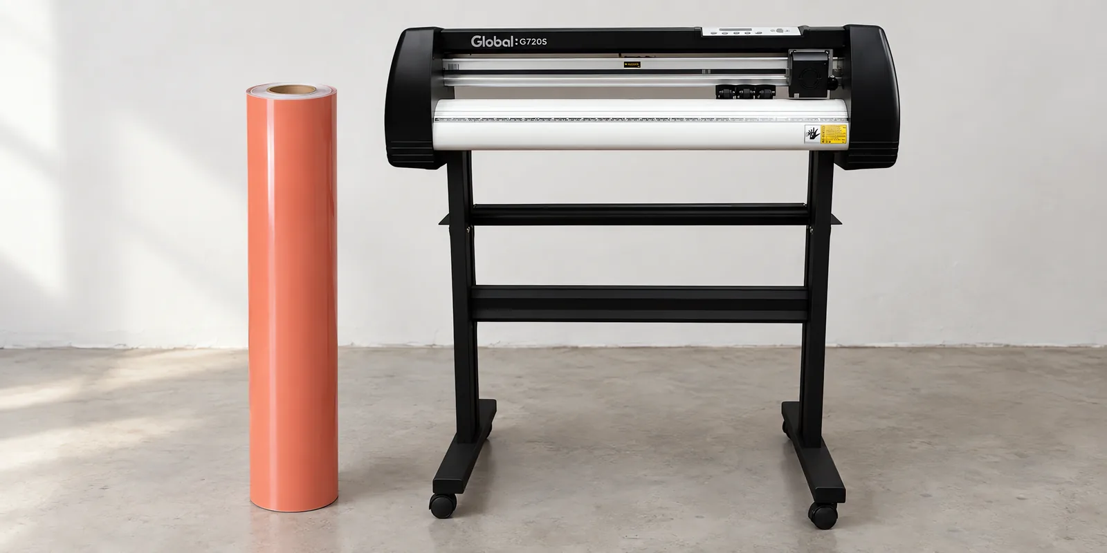 Rollo de vinilo de corte pastel, parado junto al plóter de corte