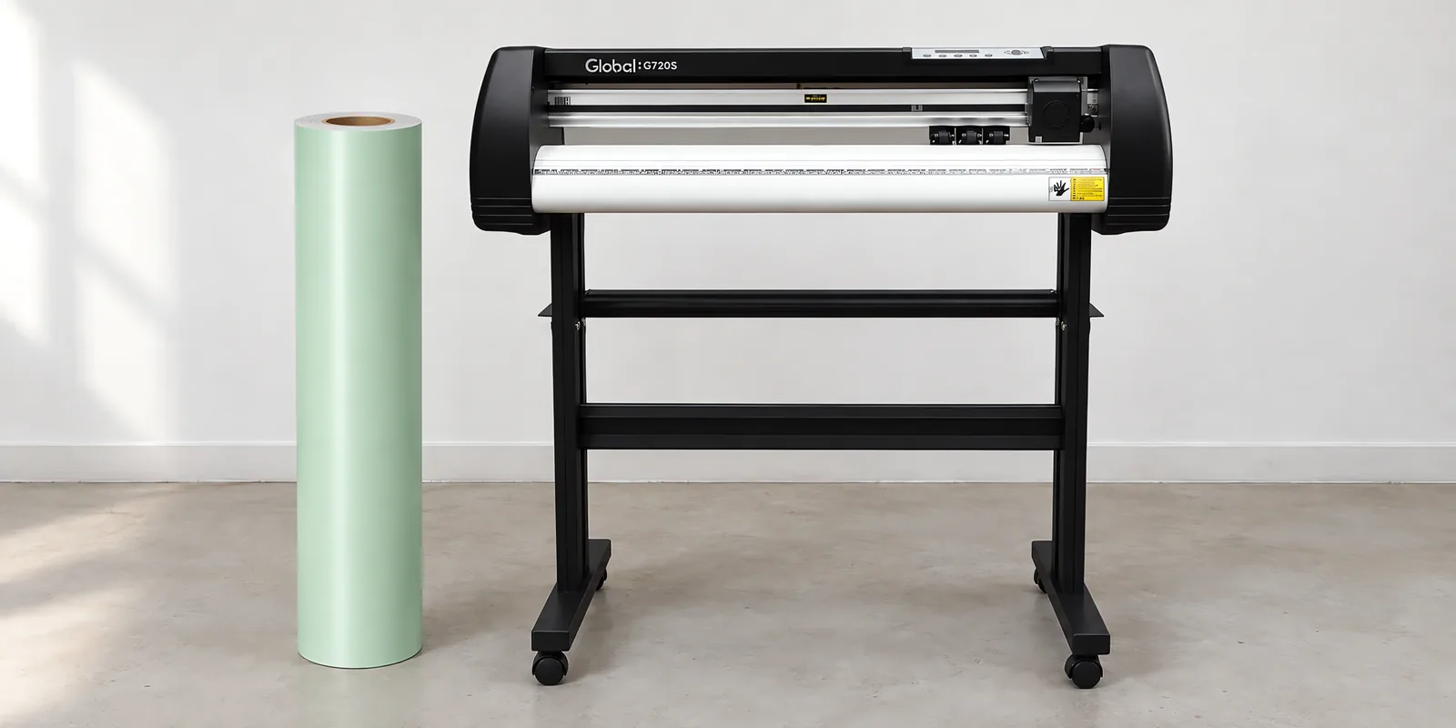 Rollo de vinilo de corte pastel, parado junto al plóter de corte