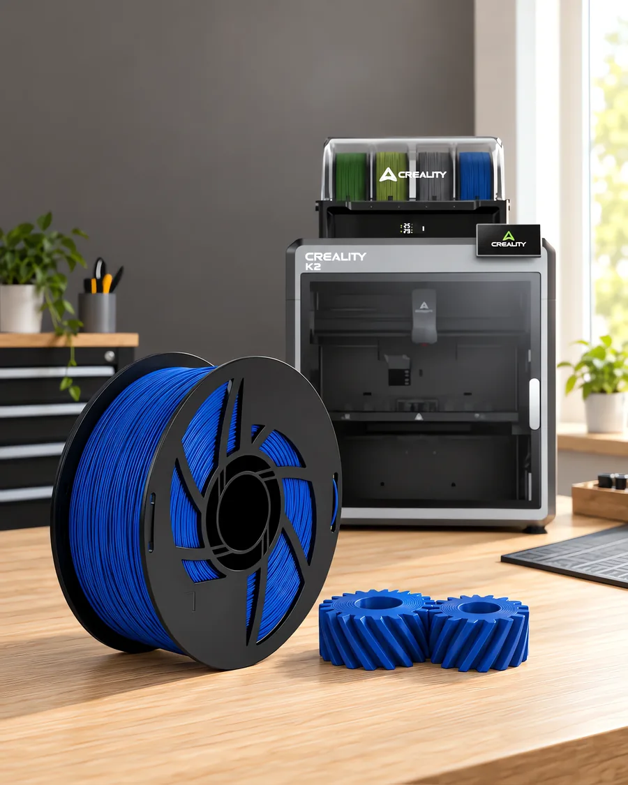 Carretel de filamento nylon 12 azul sobre una mesa de roble claro, con una impresora 3D detrás y un engranaje impresa en el mismo color al lado.
