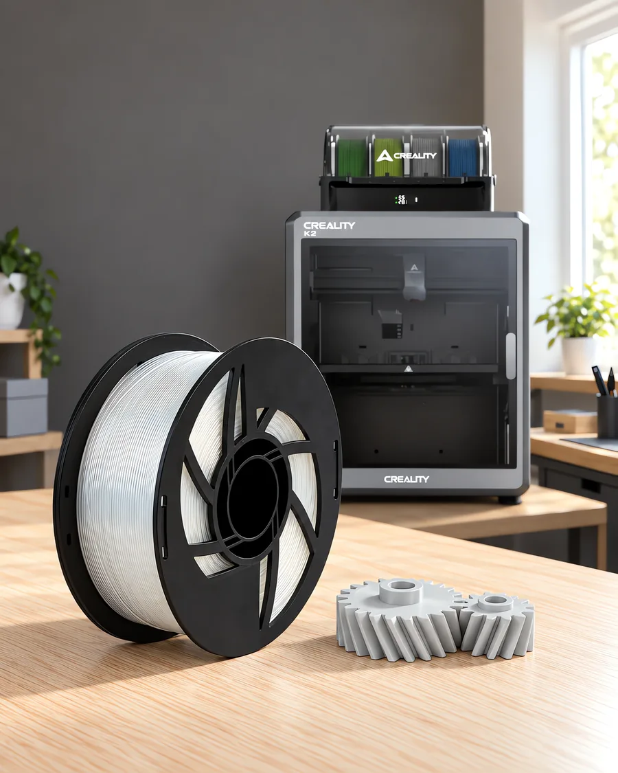 Carretel de filamento nylon 12 natural sobre una mesa de roble claro, con una impresora 3D detrás y un engranaje impresa en el mismo color al lado.