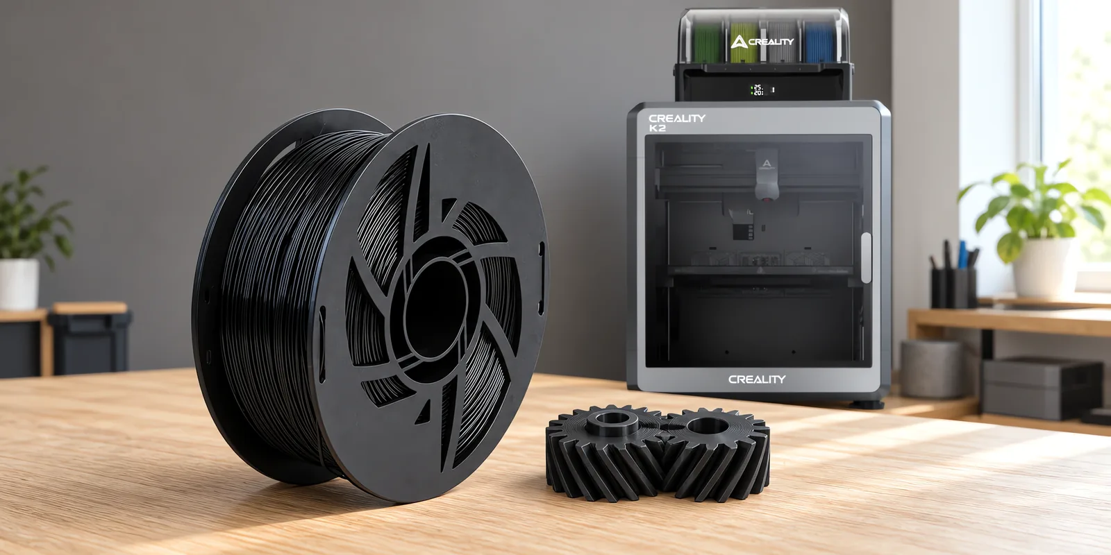 Carretel de filamento nylon 12 negro sobre una mesa de roble claro, con una impresora 3D detrás y un engranaje impresa en el mismo color al lado.