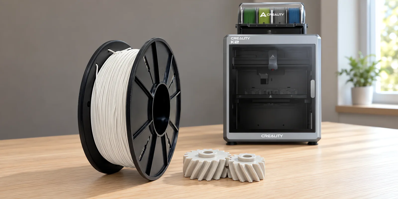 Carretel de filamento nylon 6 blanco sobre una mesa de roble claro, con una impresora 3D detrás y un engranaje impresa en el mismo color al lado.