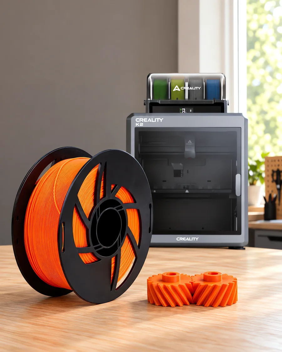 Carretel de filamento nylon 6 naranja fluo sobre una mesa de roble claro, con una impresora 3D detrás y un engranaje impresa en el mismo color al lado.