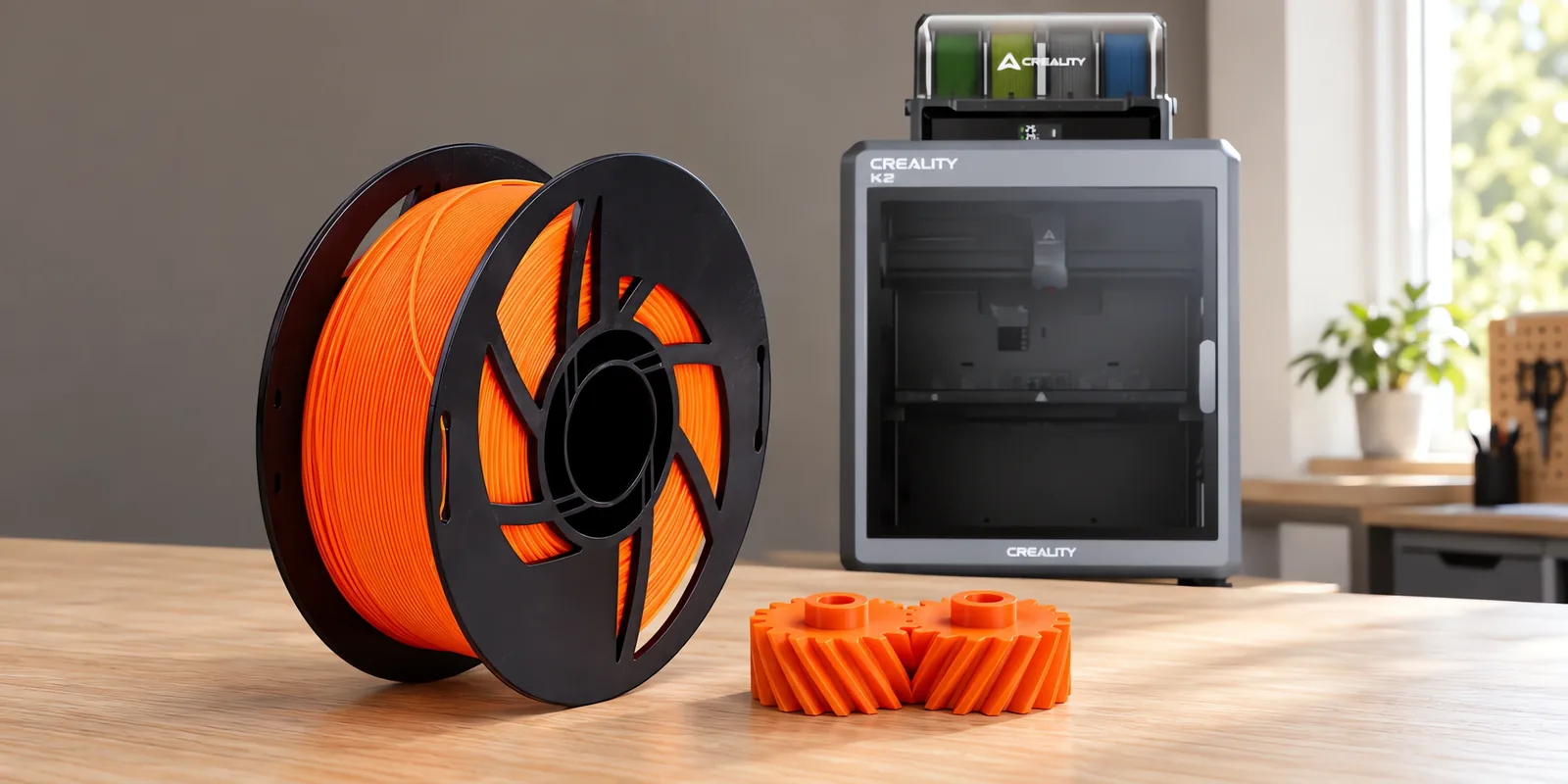 Carretel de filamento nylon 6 naranja fluo sobre una mesa de roble claro, con una impresora 3D detrás y un engranaje impresa en el mismo color al lado.