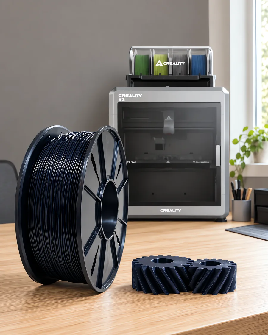 Carretel de filamento nylon 6 negro sobre una mesa de roble claro, con una impresora 3D detrás y un engranaje impresa en el mismo color al lado.