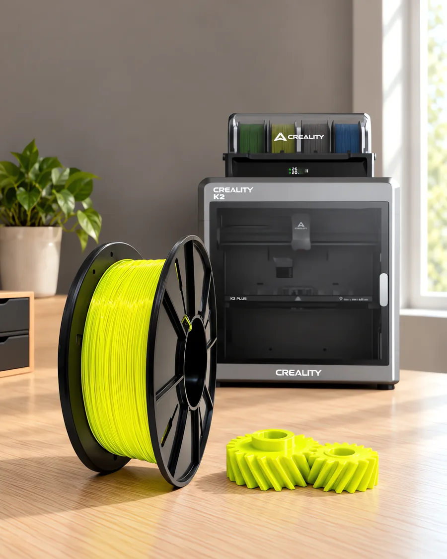 Carretel de filamento nylon 6 verde fluo sobre una mesa de roble claro, con una impresora 3D detrás y un engranaje impresa en el mismo color al lado.