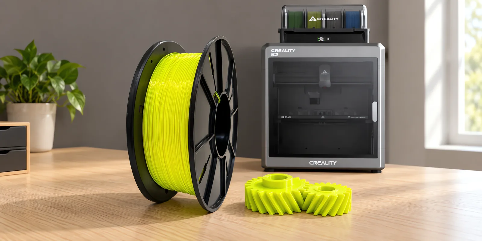 Carretel de filamento nylon 6 verde fluo sobre una mesa de roble claro, con una impresora 3D detrás y un engranaje impresa en el mismo color al lado.