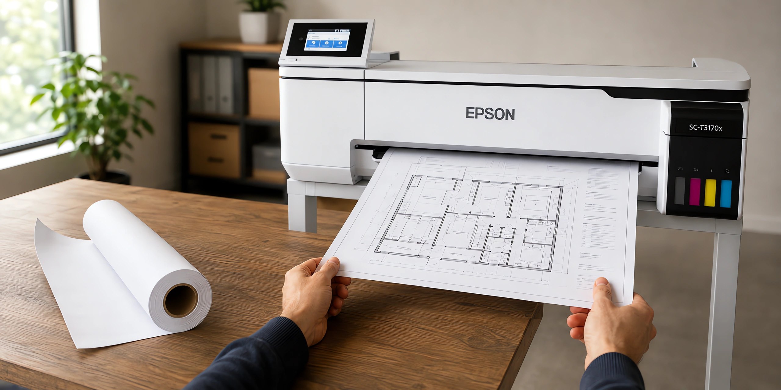 Un plano saliendo de un plotter junto a un rollo de papel bond