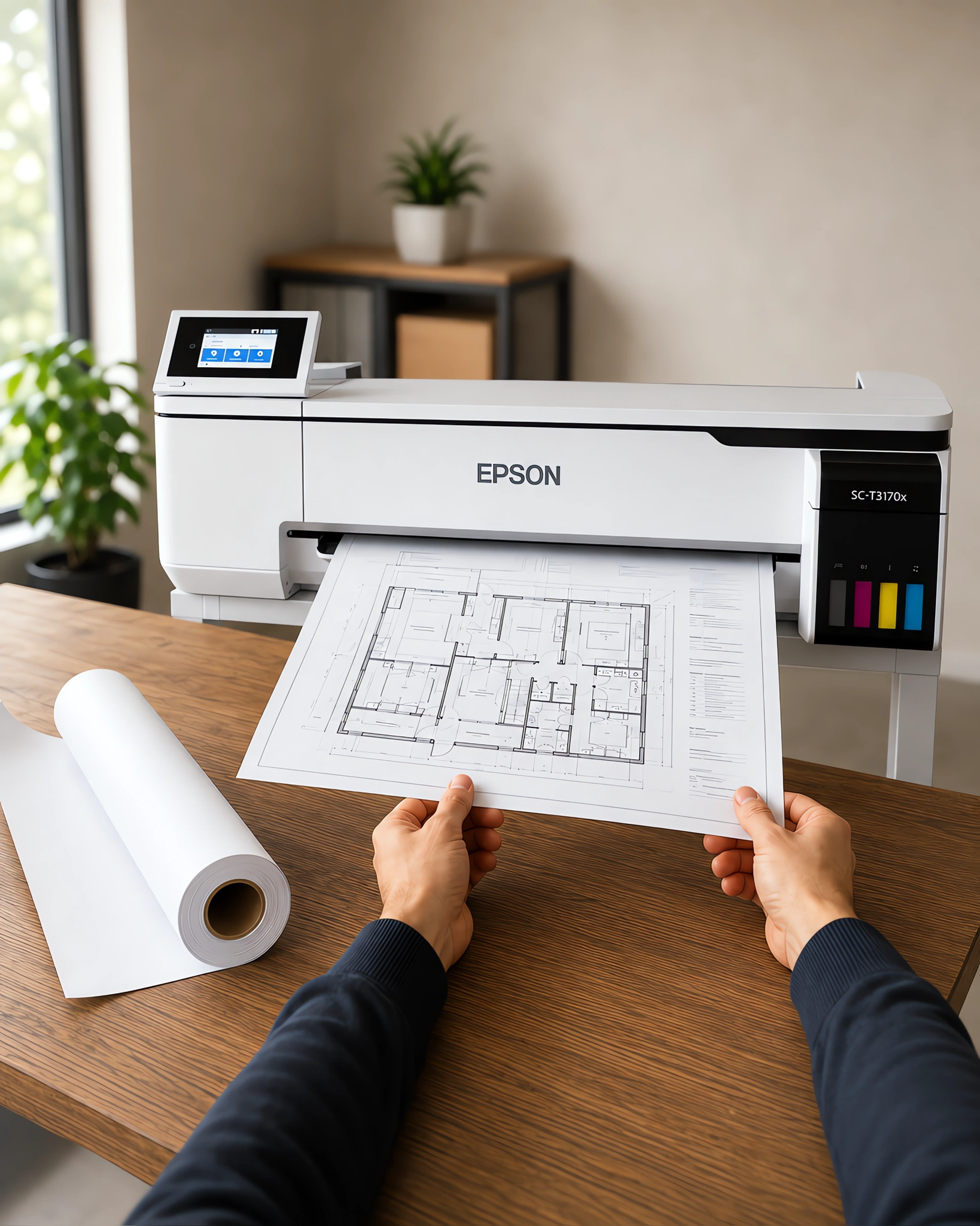 Un plano saliendo de un plotter junto a un rollo de papel bond