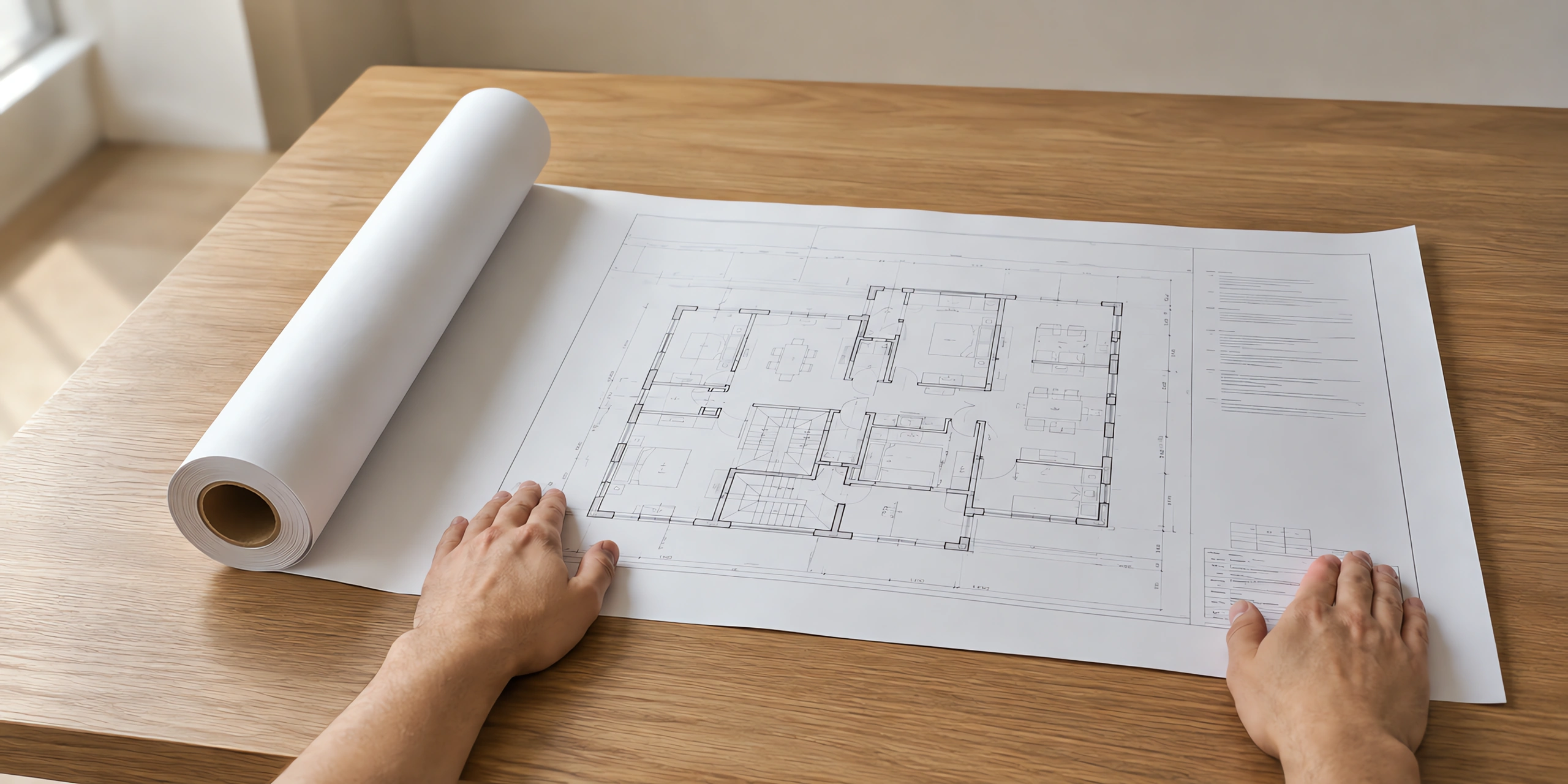 Un rollo de papel bond de 91 cm y un plano impreso desplegado sobre el escritorio