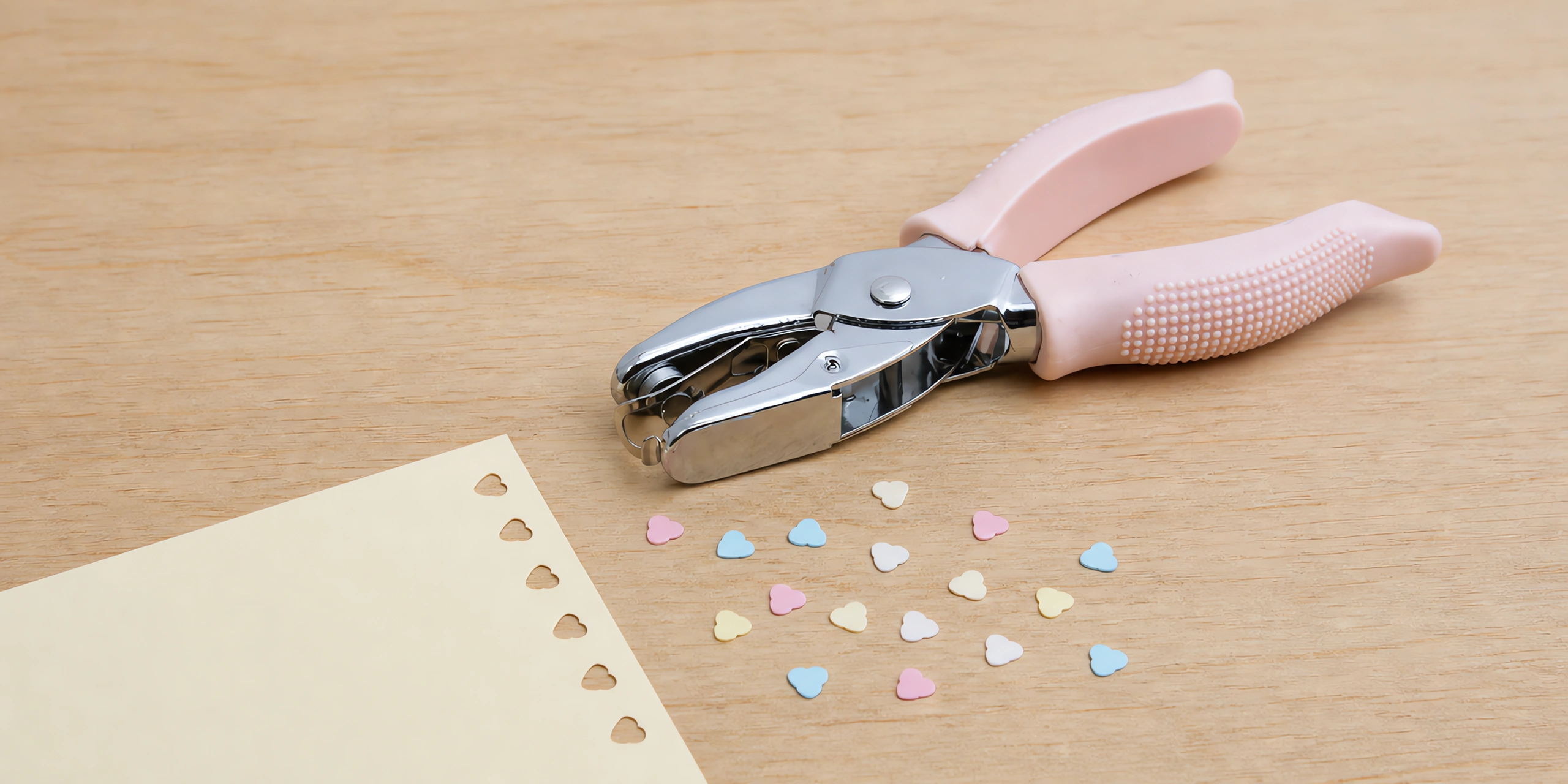 Perforadora de pinza de corazón de 5 mm sobre la mesa, con los recortes al lado