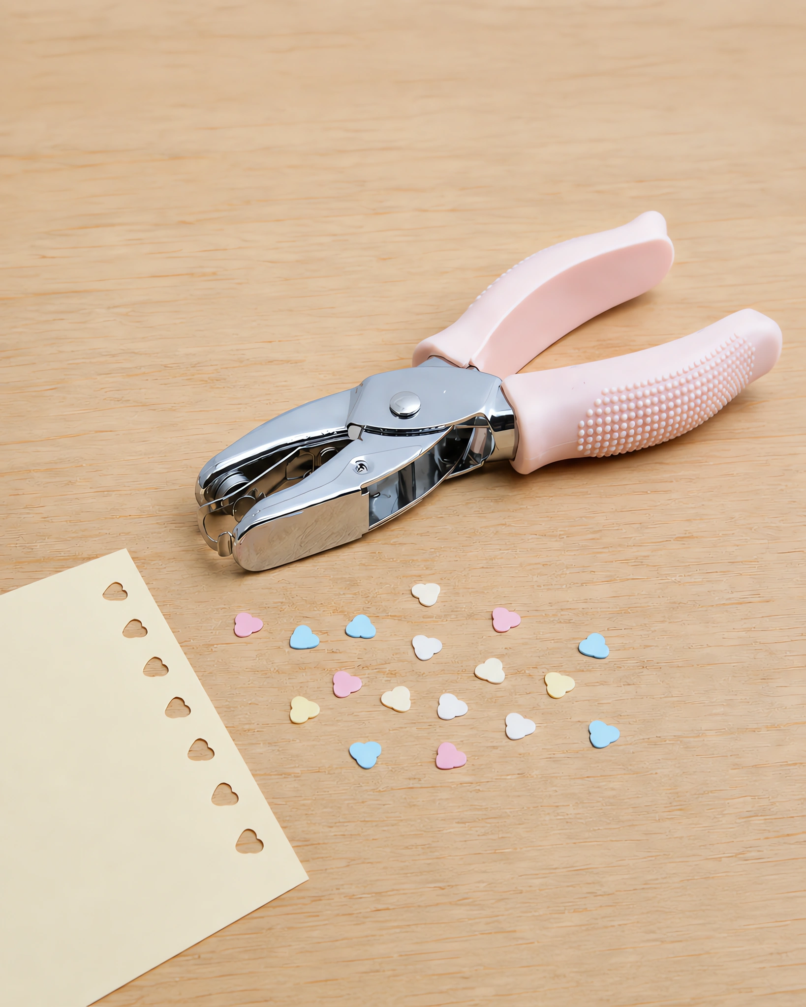 Perforadora de pinza de corazón de 5 mm sobre la mesa, con los recortes al lado