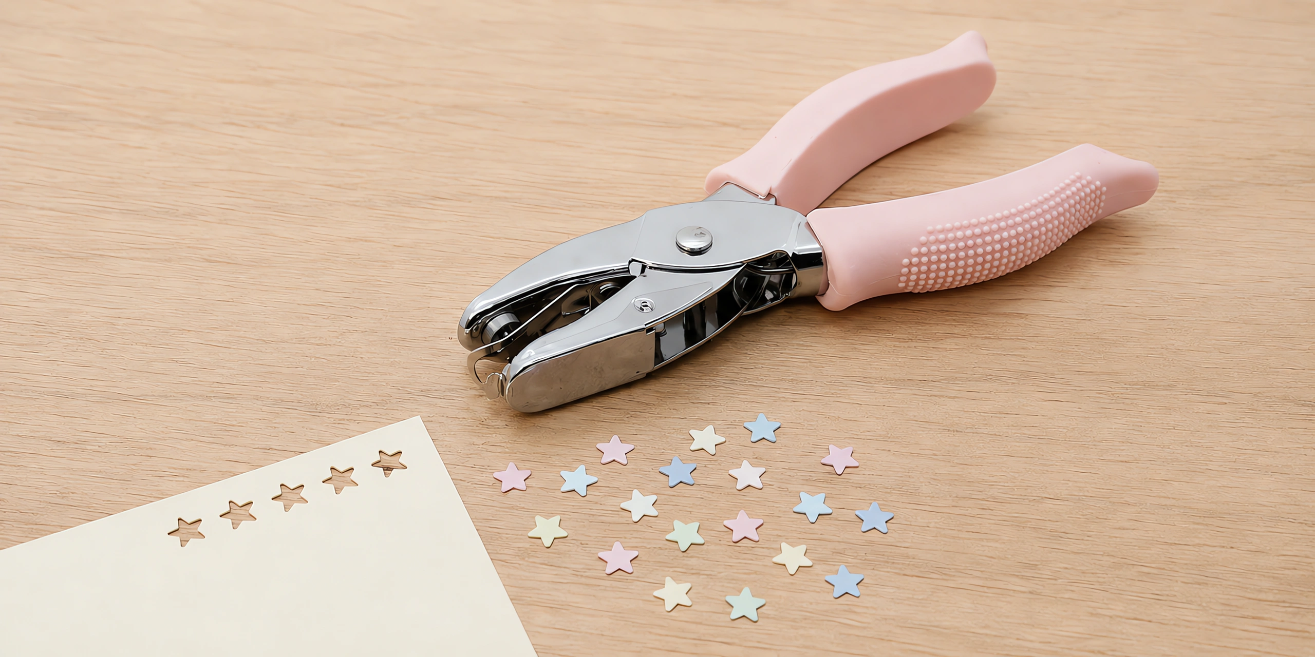 Perforadora de pinza de estrella de 5 mm sobre la mesa, con los recortes al lado