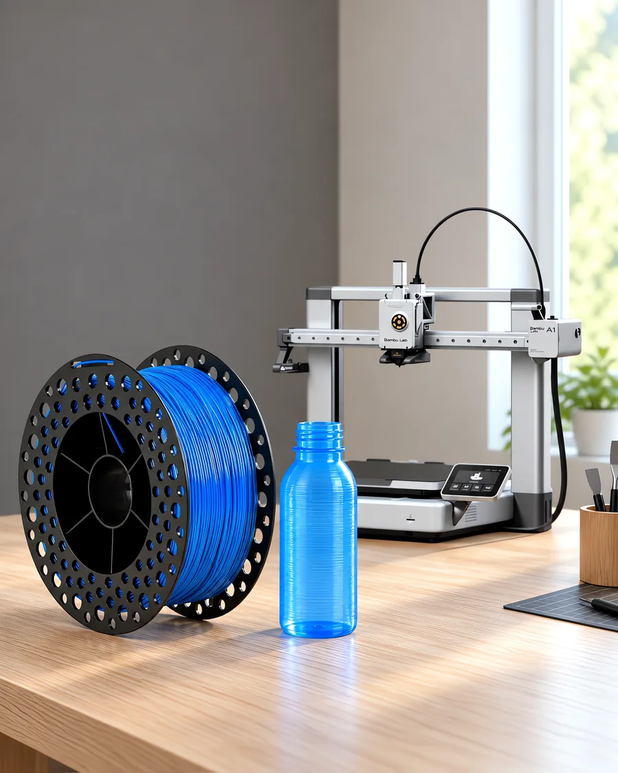 Carretel de filamento petg azul sobre una mesa de roble claro, con una impresora 3D detrás y una botella impresa en el mismo color al lado.